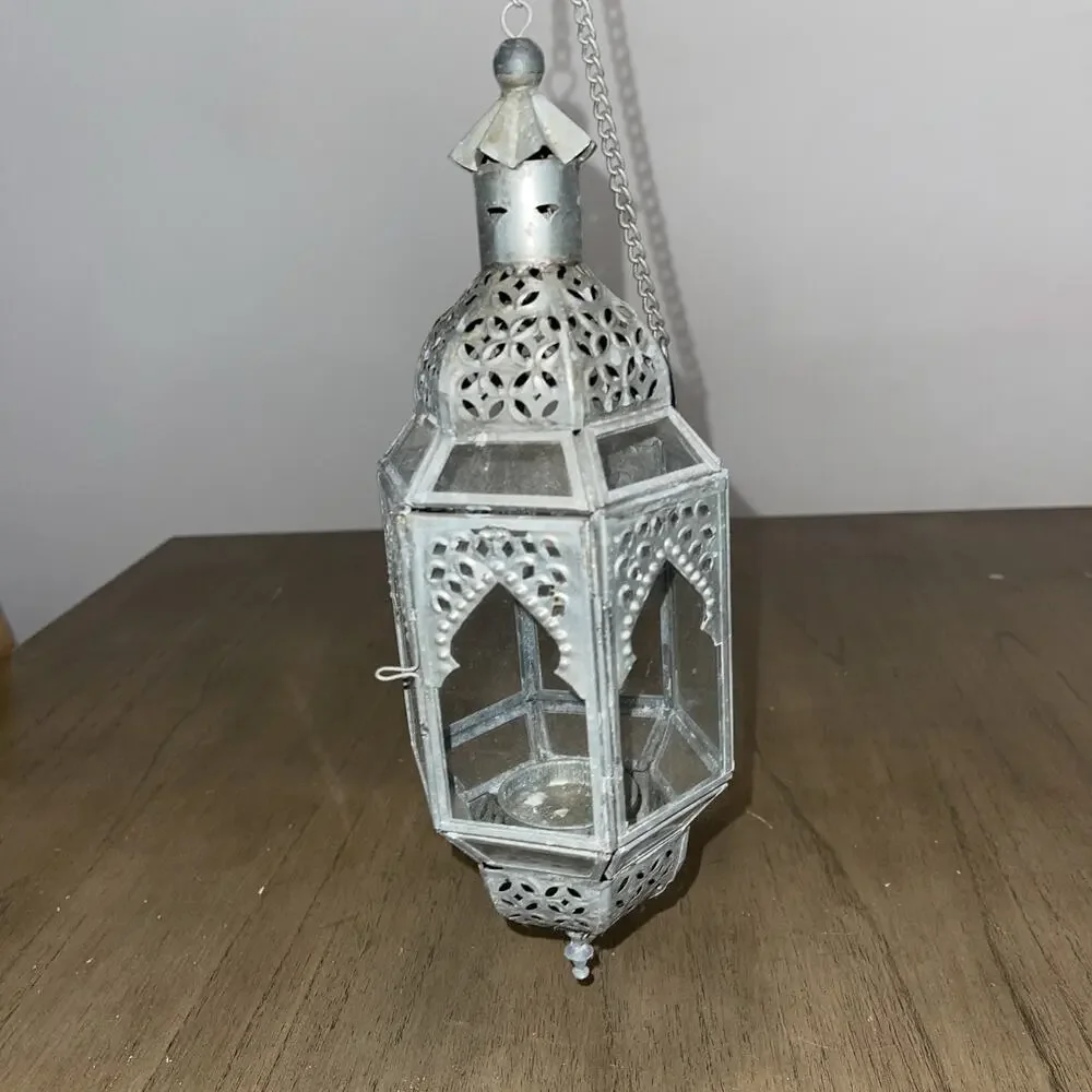 Vintage 2 Moroccan Style Hanging Metal Lantern Candle Holder Pierced Filigree